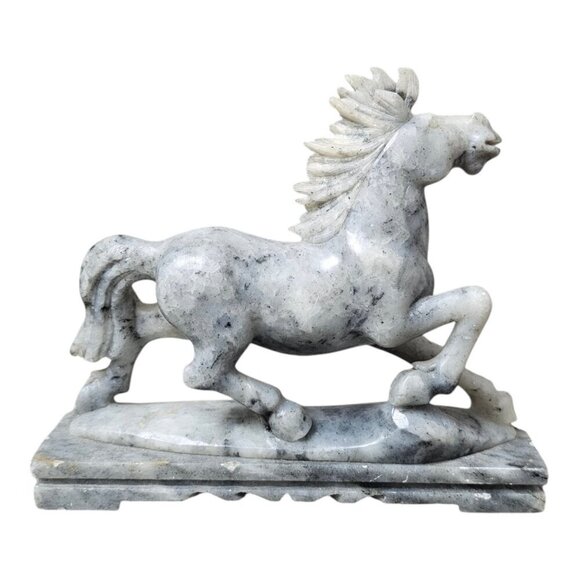 Horse Soapstone Figurine Chinese Hand Carved Steatite Gray Mid-Century Sculpture - Picture 2 of 9